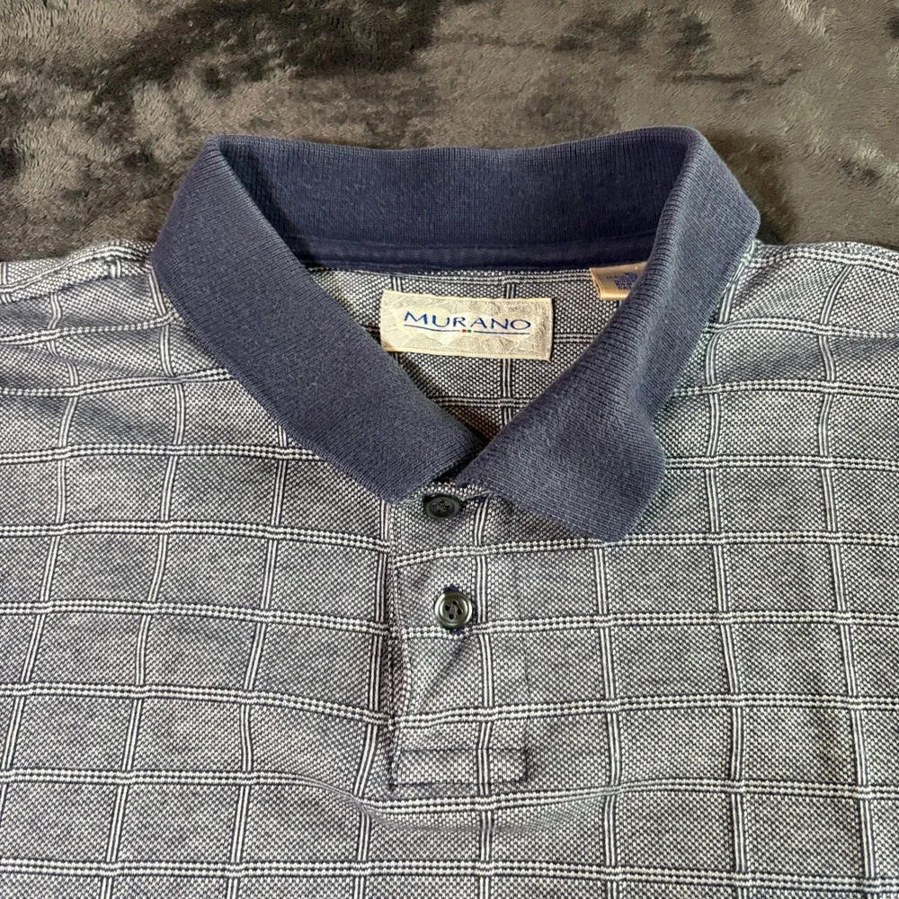Murano Mens XL Long Sleeve Polo Rugby Shirt Navy Blue Grid Windowpane 100 Cotton